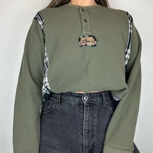 Wrangler Reworked Green Henley Western Long Sleeve Flannel Relaxed Shirt Top